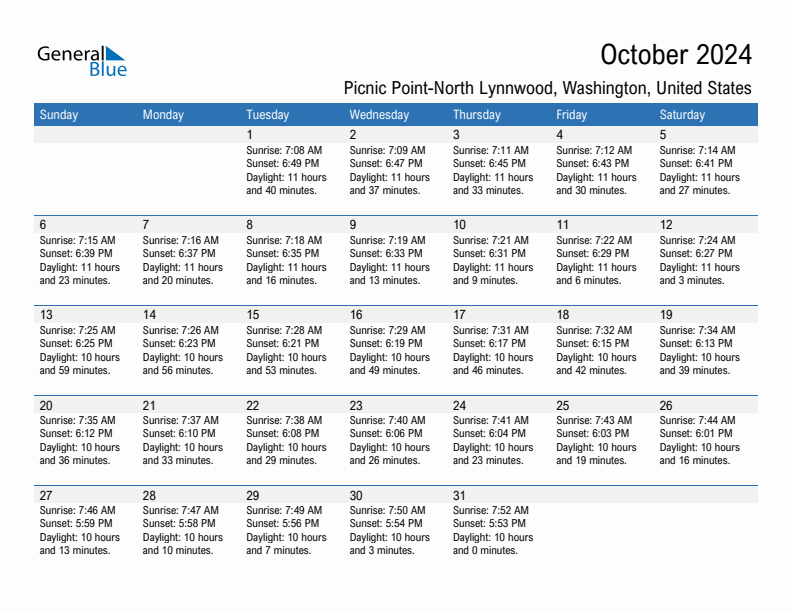 Picnic Point-North Lynnwood October 2024 sunrise and sunset calendar in PDF, Excel, and Word