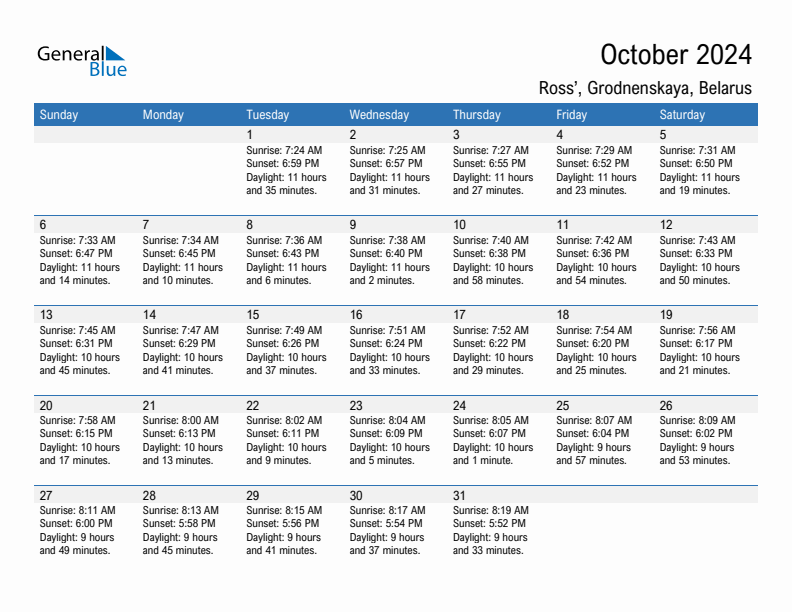 Ross' October 2024 sunrise and sunset calendar in PDF, Excel, and Word