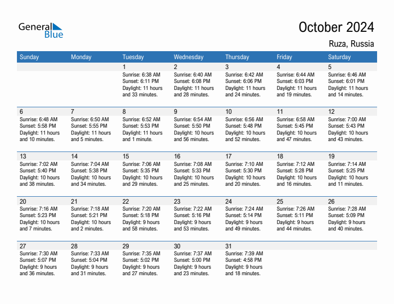 Ruza October 2024 sunrise and sunset calendar in PDF, Excel, and Word