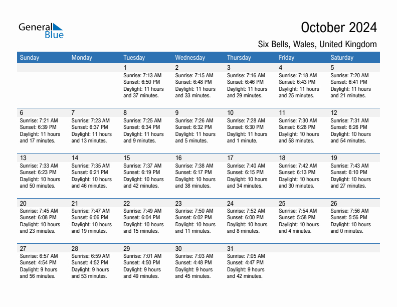 Six Bells October 2024 sunrise and sunset calendar in PDF, Excel, and Word