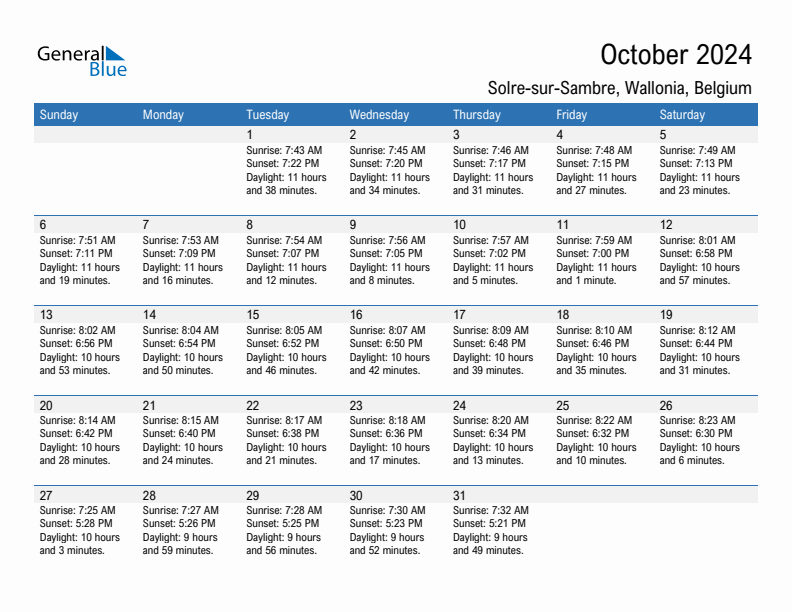 Solre-sur-Sambre October 2024 sunrise and sunset calendar in PDF, Excel, and Word