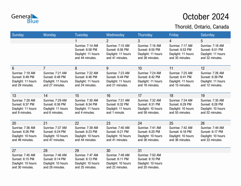 Thorold October 2024 sunrise and sunset calendar in PDF, Excel, and Word