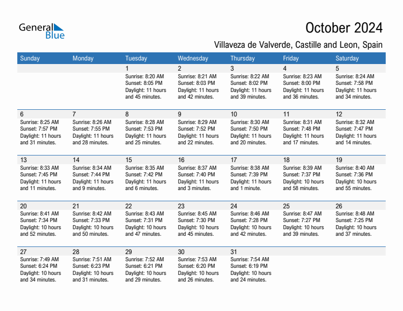 Villaveza de Valverde October 2024 sunrise and sunset calendar in PDF, Excel, and Word