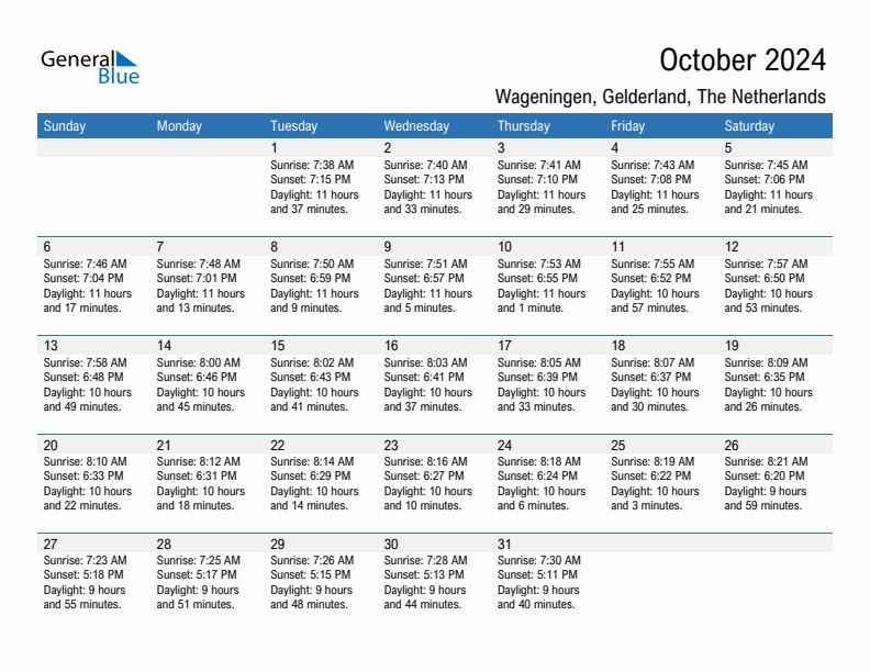 Wageningen October 2024 sunrise and sunset calendar in PDF, Excel, and Word