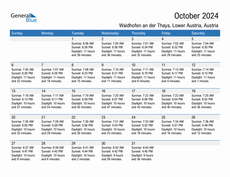 Waidhofen an der Thaya October 2024 sunrise and sunset calendar in PDF, Excel, and Word