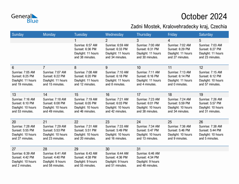 Zadni Mostek October 2024 sunrise and sunset calendar in PDF, Excel, and Word