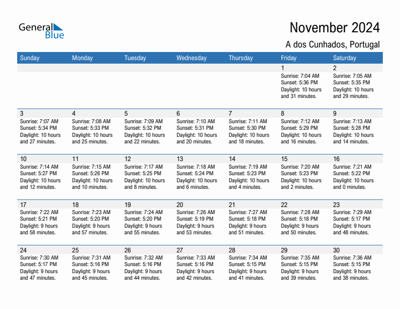 A dos Cunhados November 2024 sunrise and sunset calendar in PDF, Excel, and Word