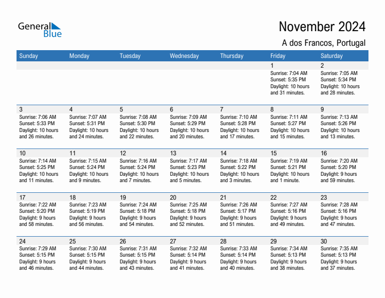 A dos Francos November 2024 sunrise and sunset calendar in PDF, Excel, and Word