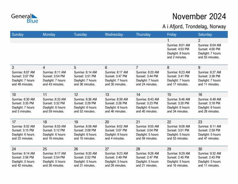 A i Afjord November 2024 sunrise and sunset calendar in PDF, Excel, and Word