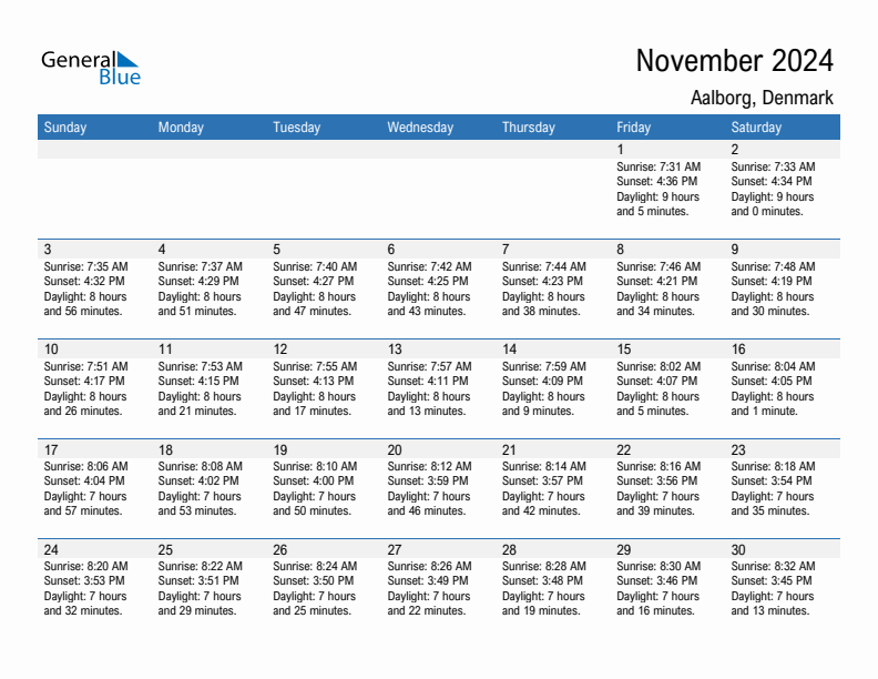 Aalborg November 2024 sunrise and sunset calendar in PDF, Excel, and Word