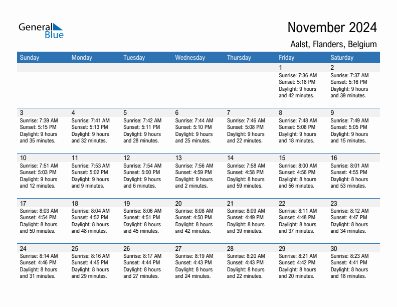 Aalst November 2024 sunrise and sunset calendar in PDF, Excel, and Word