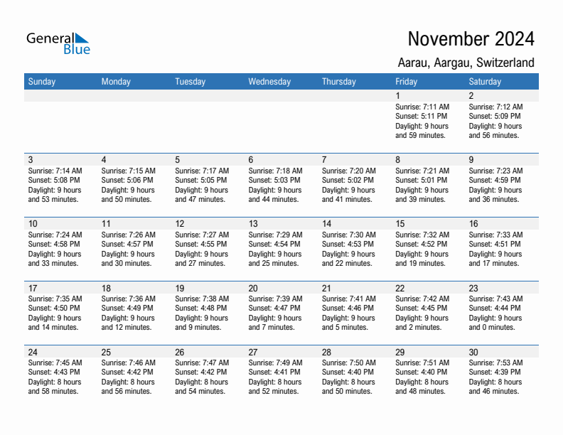 Aarau November 2024 sunrise and sunset calendar in PDF, Excel, and Word