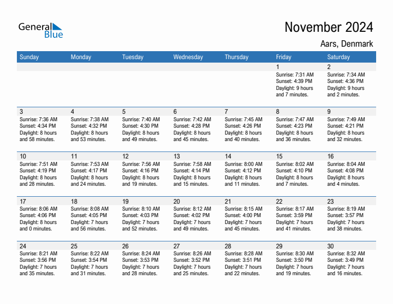 Aars November 2024 sunrise and sunset calendar in PDF, Excel, and Word