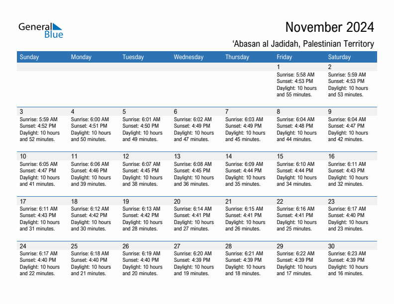 'Abasan al Jadidah November 2024 sunrise and sunset calendar in PDF, Excel, and Word