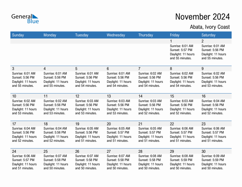 Abata November 2024 sunrise and sunset calendar in PDF, Excel, and Word