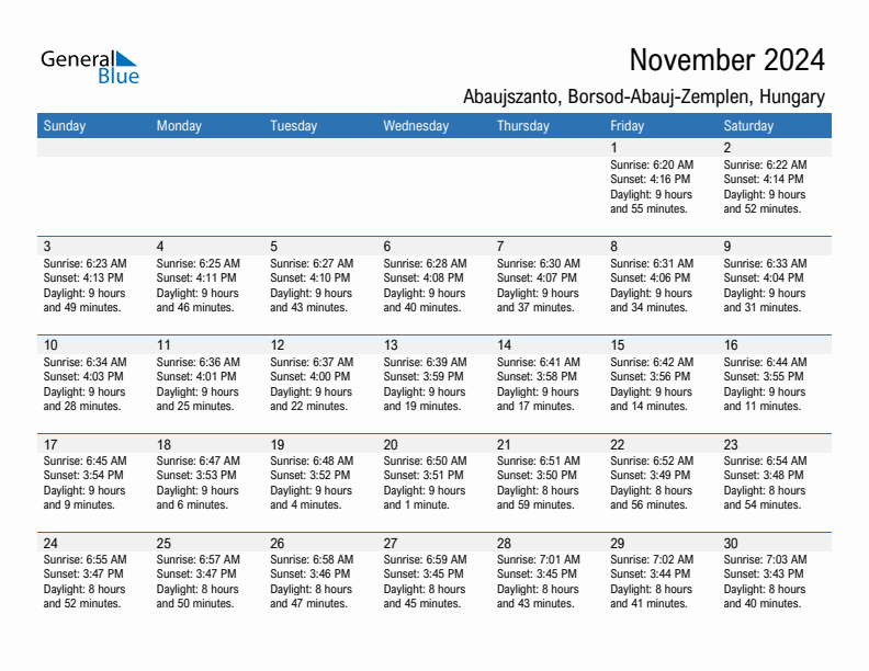 Abaujszanto November 2024 sunrise and sunset calendar in PDF, Excel, and Word