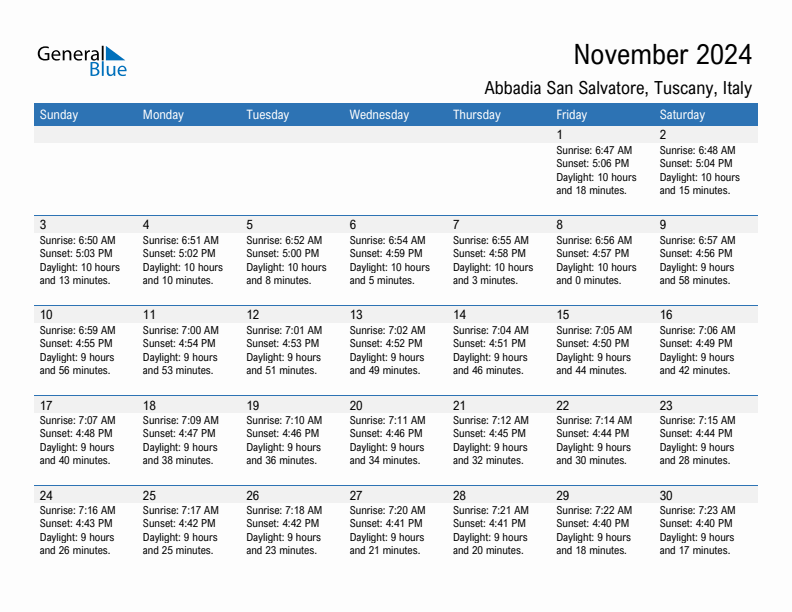 Abbadia San Salvatore November 2024 sunrise and sunset calendar in PDF, Excel, and Word