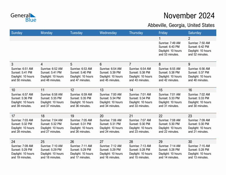 Abbeville November 2024 sunrise and sunset calendar in PDF, Excel, and Word