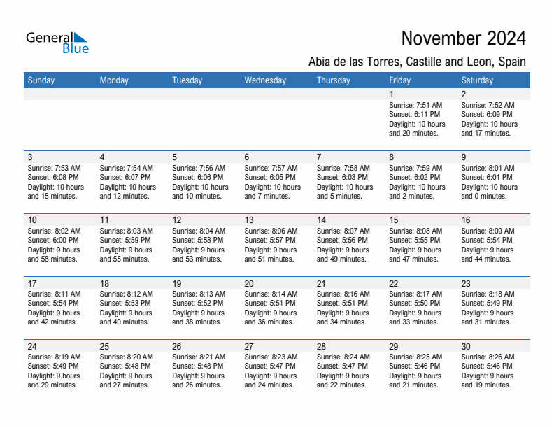 Abia de las Torres November 2024 sunrise and sunset calendar in PDF, Excel, and Word