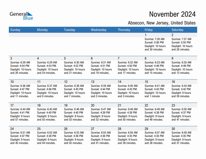 Absecon November 2024 sunrise and sunset calendar in PDF, Excel, and Word