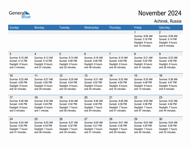 Achinsk November 2024 sunrise and sunset calendar in PDF, Excel, and Word