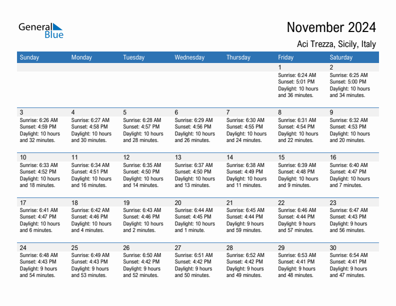 Aci Trezza November 2024 sunrise and sunset calendar in PDF, Excel, and Word