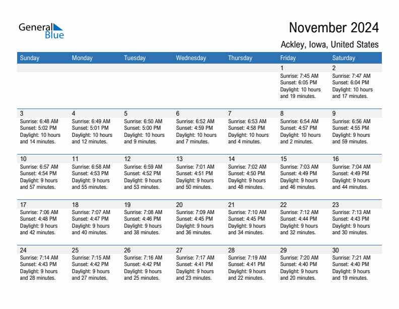 Ackley November 2024 sunrise and sunset calendar in PDF, Excel, and Word