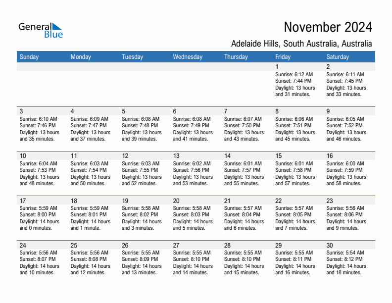 Adelaide Hills November 2024 sunrise and sunset calendar in PDF, Excel, and Word