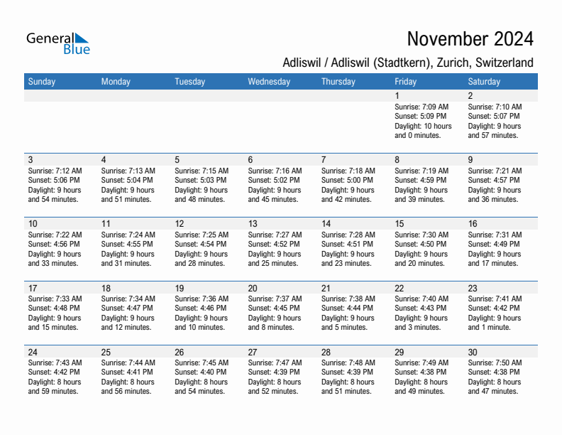 Adliswil / Adliswil (Stadtkern) November 2024 sunrise and sunset calendar in PDF, Excel, and Word