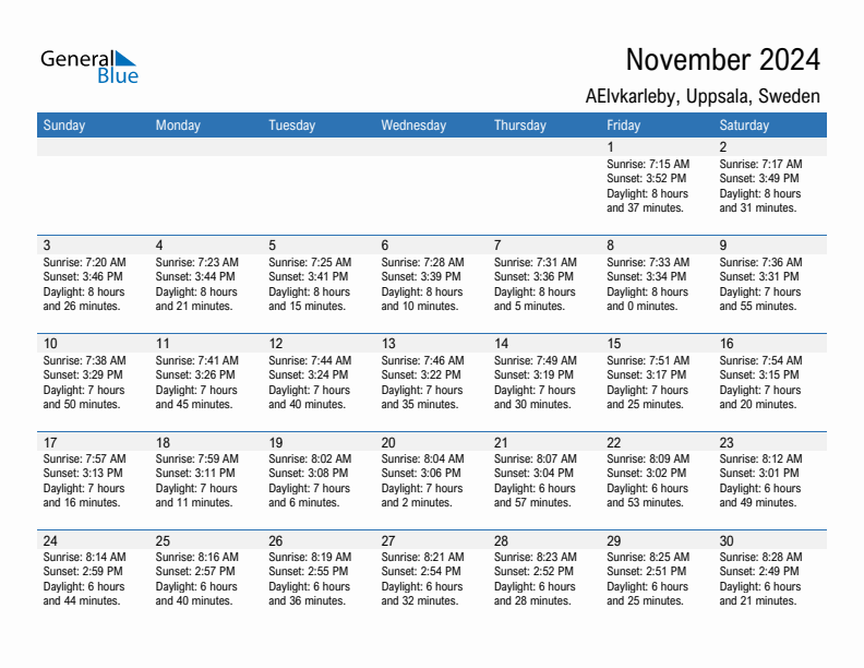 AElvkarleby November 2024 sunrise and sunset calendar in PDF, Excel, and Word