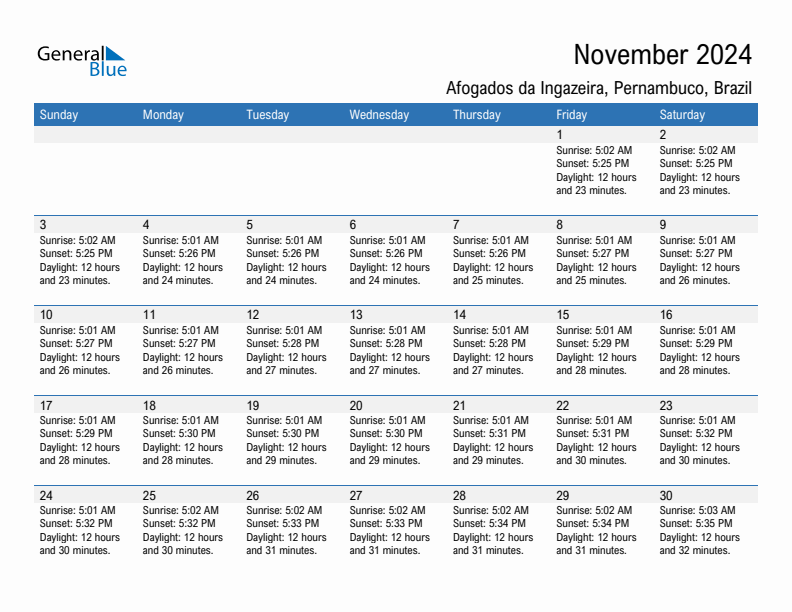 Afogados da Ingazeira November 2024 sunrise and sunset calendar in PDF, Excel, and Word