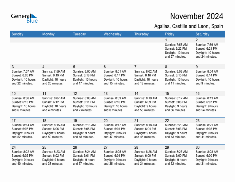 Agallas November 2024 sunrise and sunset calendar in PDF, Excel, and Word