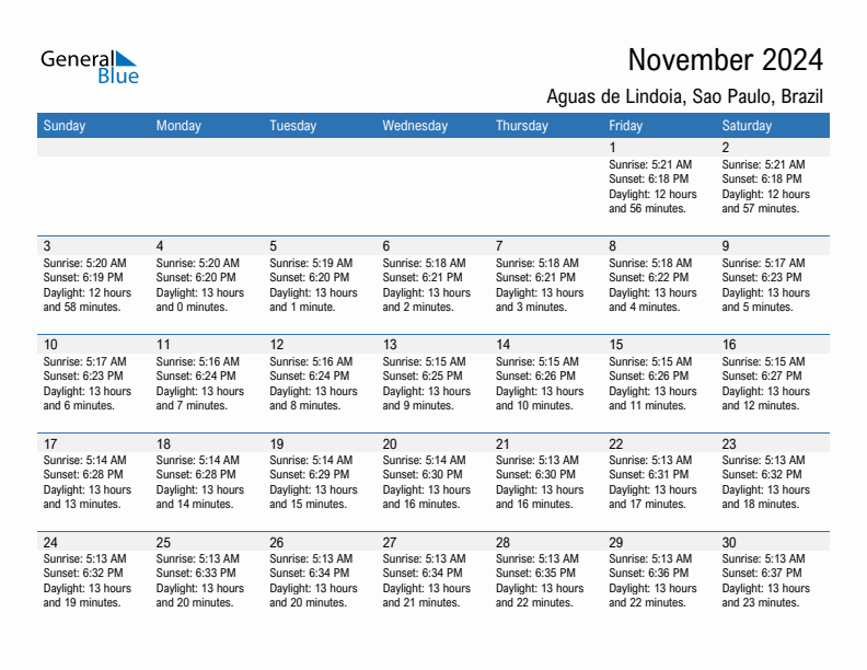 Aguas de Lindoia November 2024 sunrise and sunset calendar in PDF, Excel, and Word