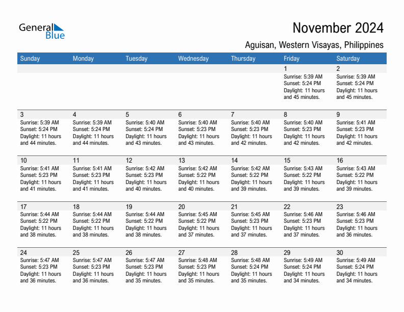 Aguisan November 2024 sunrise and sunset calendar in PDF, Excel, and Word