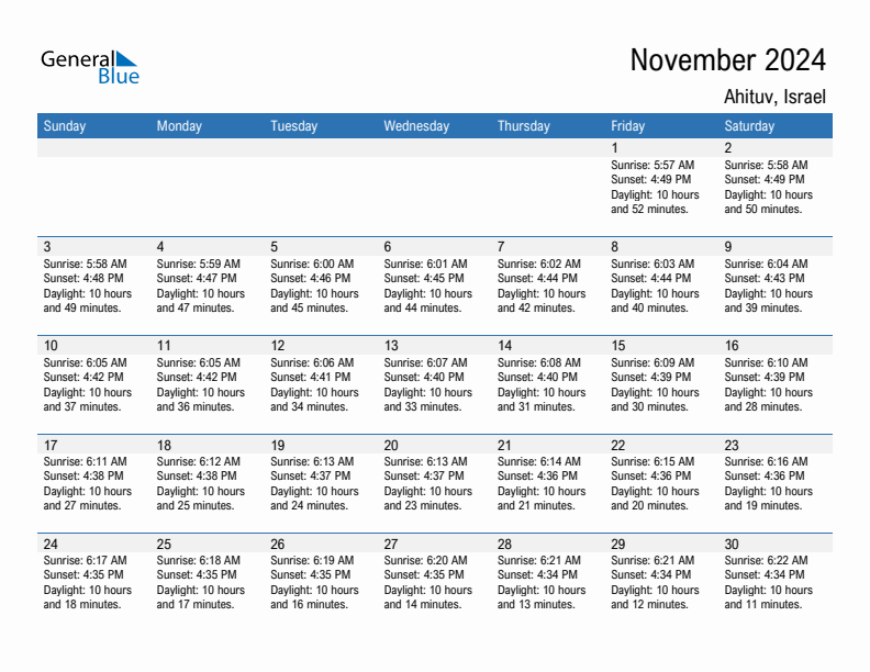 Ahituv November 2024 sunrise and sunset calendar in PDF, Excel, and Word