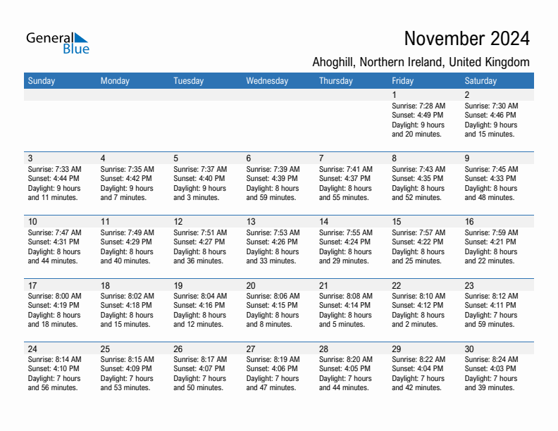 Ahoghill November 2024 sunrise and sunset calendar in PDF, Excel, and Word