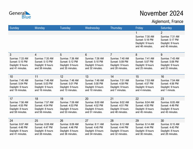 Aiglemont November 2024 sunrise and sunset calendar in PDF, Excel, and Word