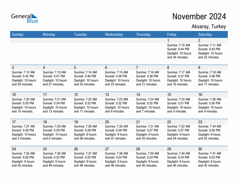 Aksaray November 2024 sunrise and sunset calendar in PDF, Excel, and Word