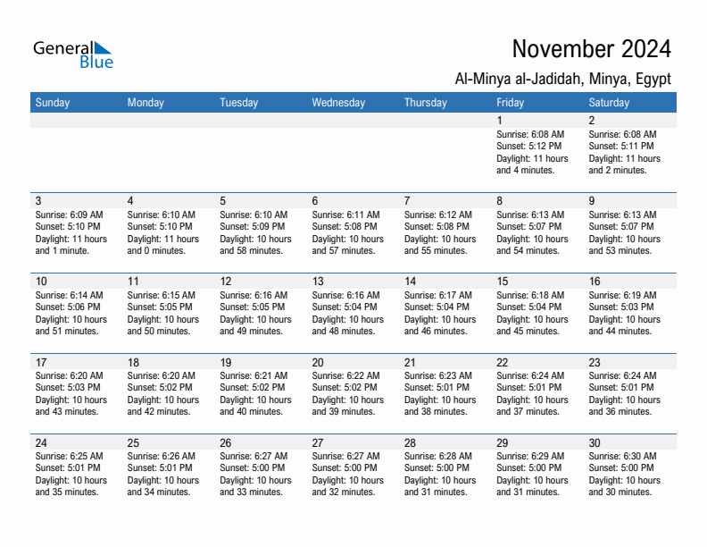 Al-Minya al-Jadidah November 2024 sunrise and sunset calendar in PDF, Excel, and Word