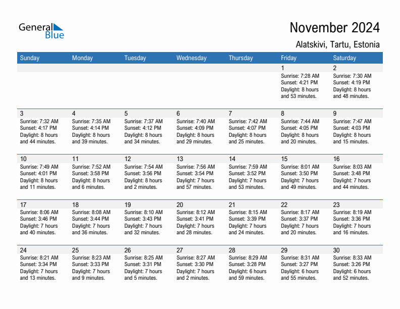 Alatskivi November 2024 sunrise and sunset calendar in PDF, Excel, and Word