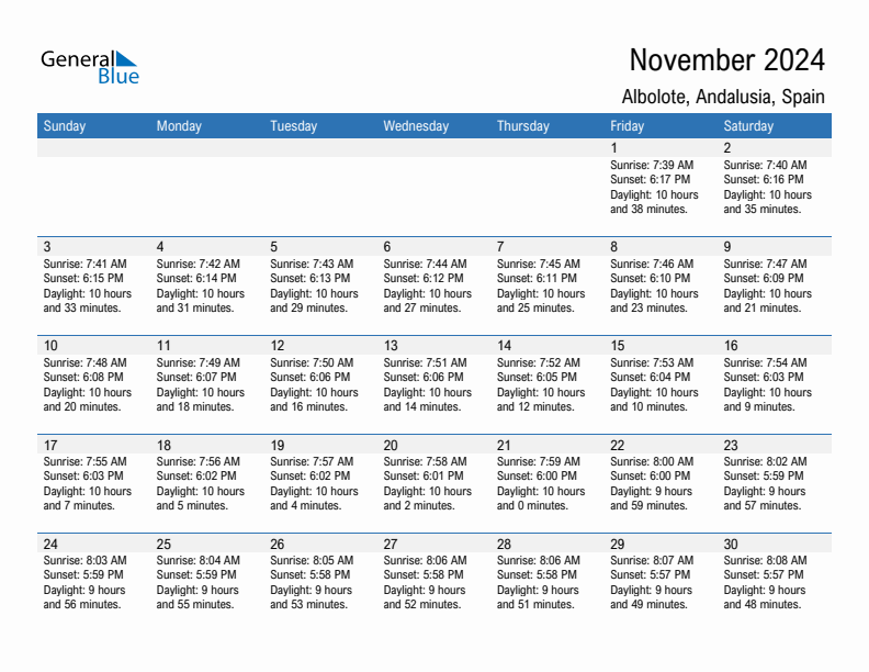 Albolote November 2024 sunrise and sunset calendar in PDF, Excel, and Word