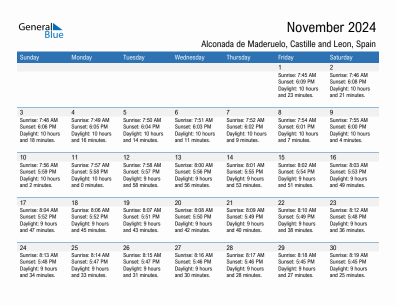 Alconada de Maderuelo November 2024 sunrise and sunset calendar in PDF, Excel, and Word