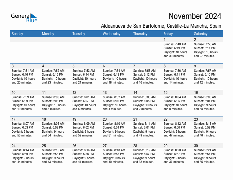 Aldeanueva de San Bartolome November 2024 sunrise and sunset calendar in PDF, Excel, and Word