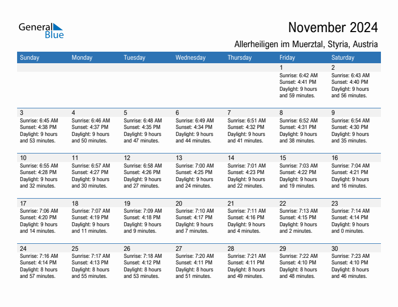 Allerheiligen im Muerztal November 2024 sunrise and sunset calendar in PDF, Excel, and Word