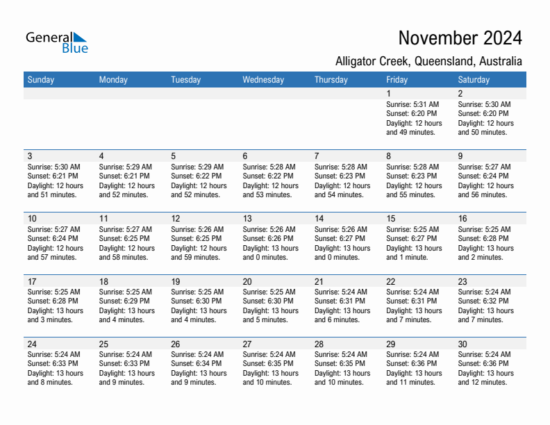 Alligator Creek November 2024 sunrise and sunset calendar in PDF, Excel, and Word