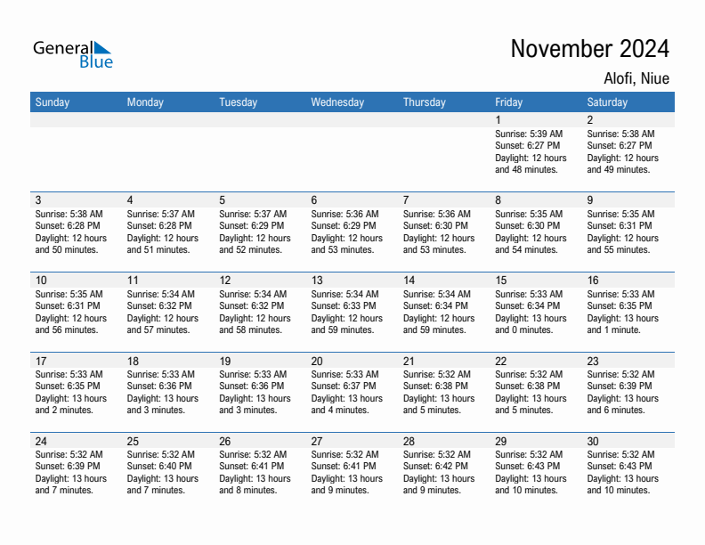 Alofi November 2024 sunrise and sunset calendar in PDF, Excel, and Word