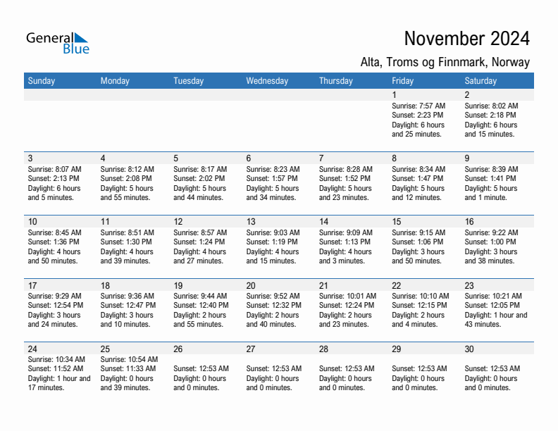 Alta November 2024 sunrise and sunset calendar in PDF, Excel, and Word