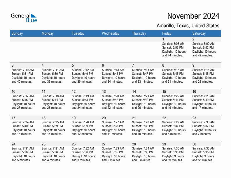 Amarillo November 2024 sunrise and sunset calendar in PDF, Excel, and Word