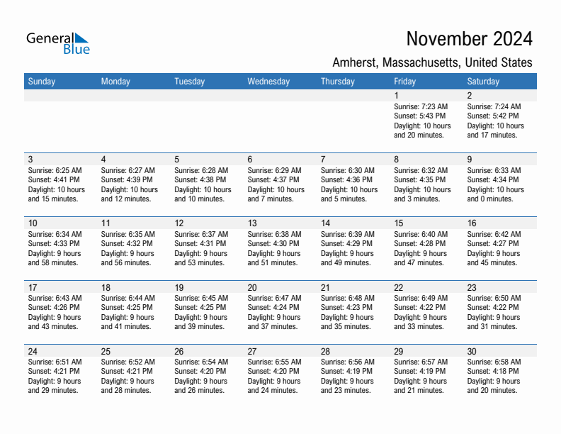 Amherst November 2024 sunrise and sunset calendar in PDF, Excel, and Word