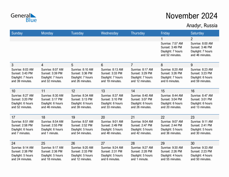 Anadyr November 2024 sunrise and sunset calendar in PDF, Excel, and Word